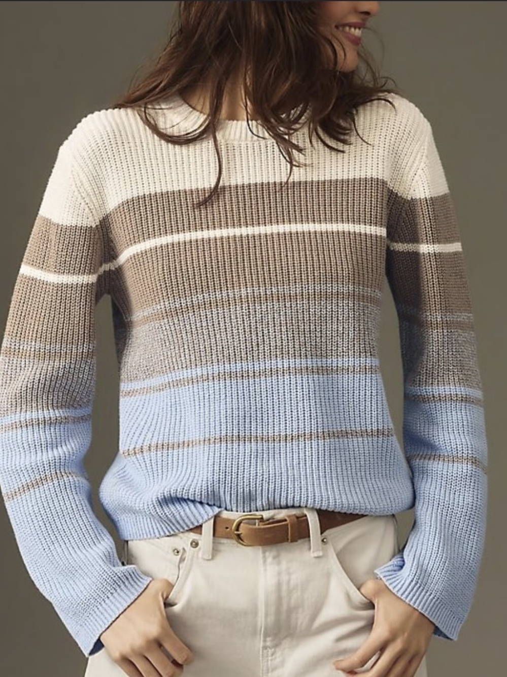 Design History Striped Crewneck Sweater in Blue, Brown & Cream